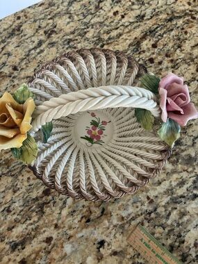Decorative Rope-Style Ceramic Basket with Pink and Yellow Roses